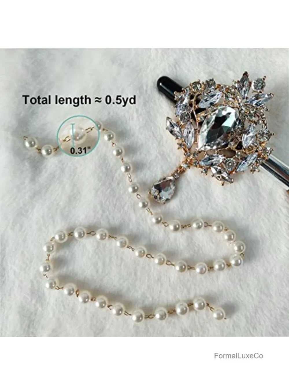 14 Pcs Rhinestone Brooch Pin Set Pearl Chain Bridal Bouquet Kit Gold
